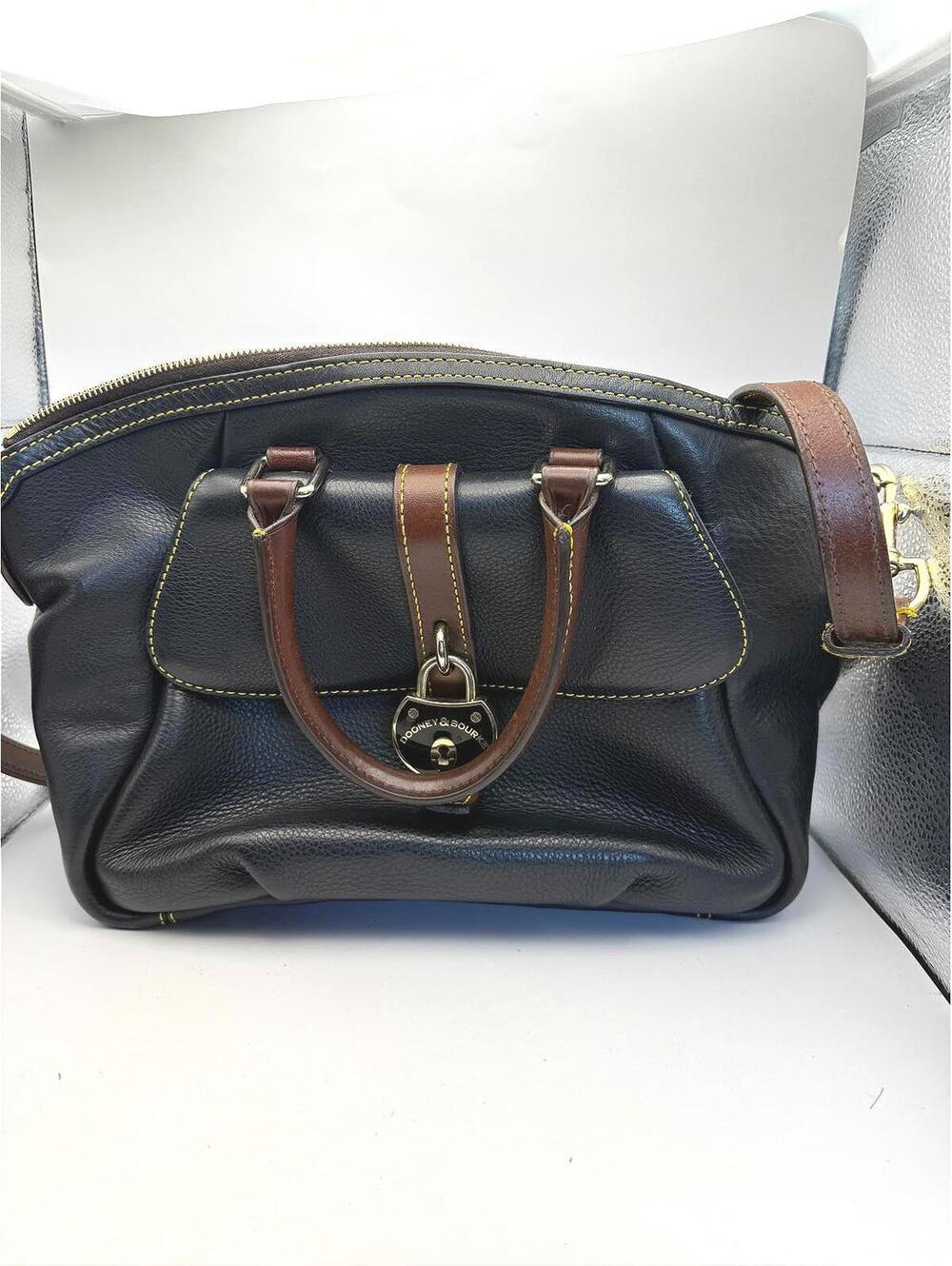 Dooney & Bourke Black Leather Satchel with Brown Handles and Gold Hardware
